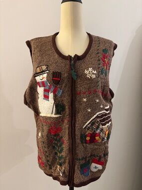 Bobbie Brooks Brown Holiday Snowman Zip-Up Sweater Vest